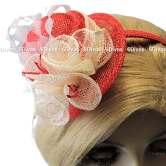 Red Top Hat Fascinator with Cream colored Feathers and Rosettes on Headband - Picture 2 of 14